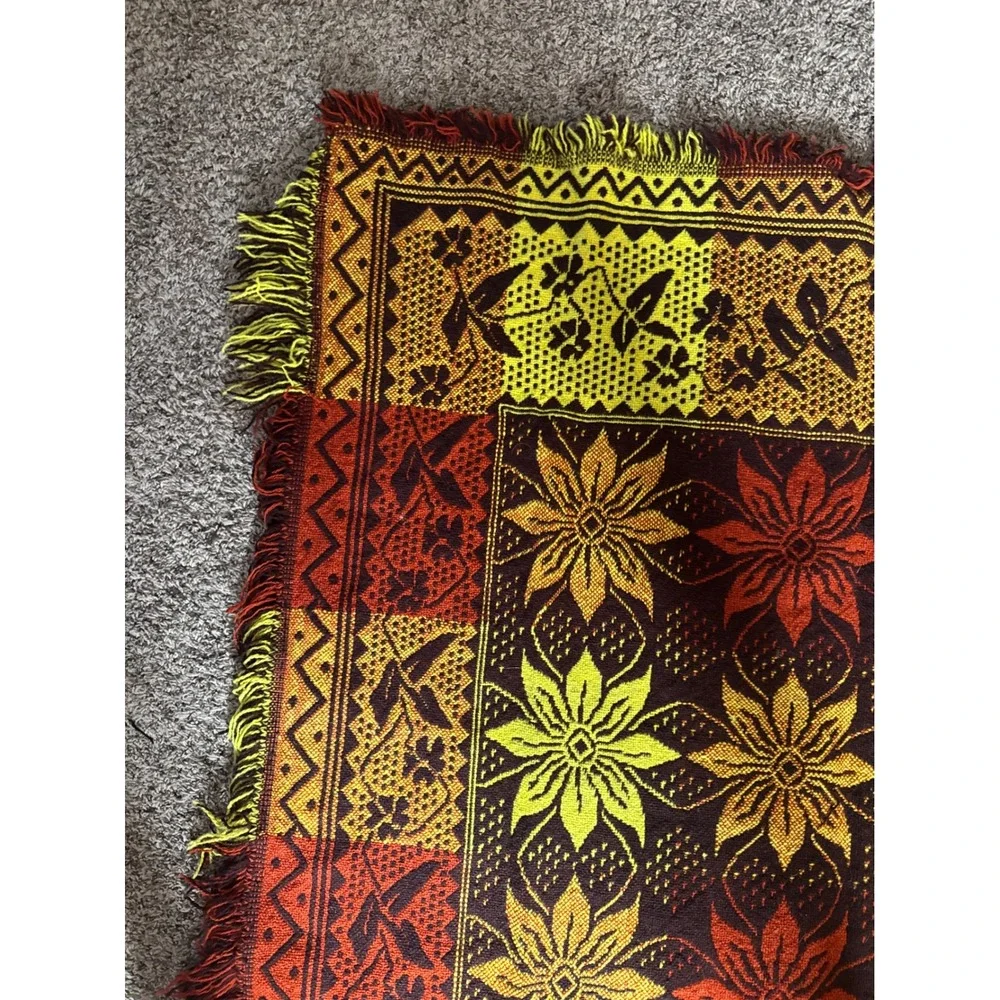 Vintage Polish Folk Wool Blanket Jacquard Floral Geometric Throw. Boho. Autumn.